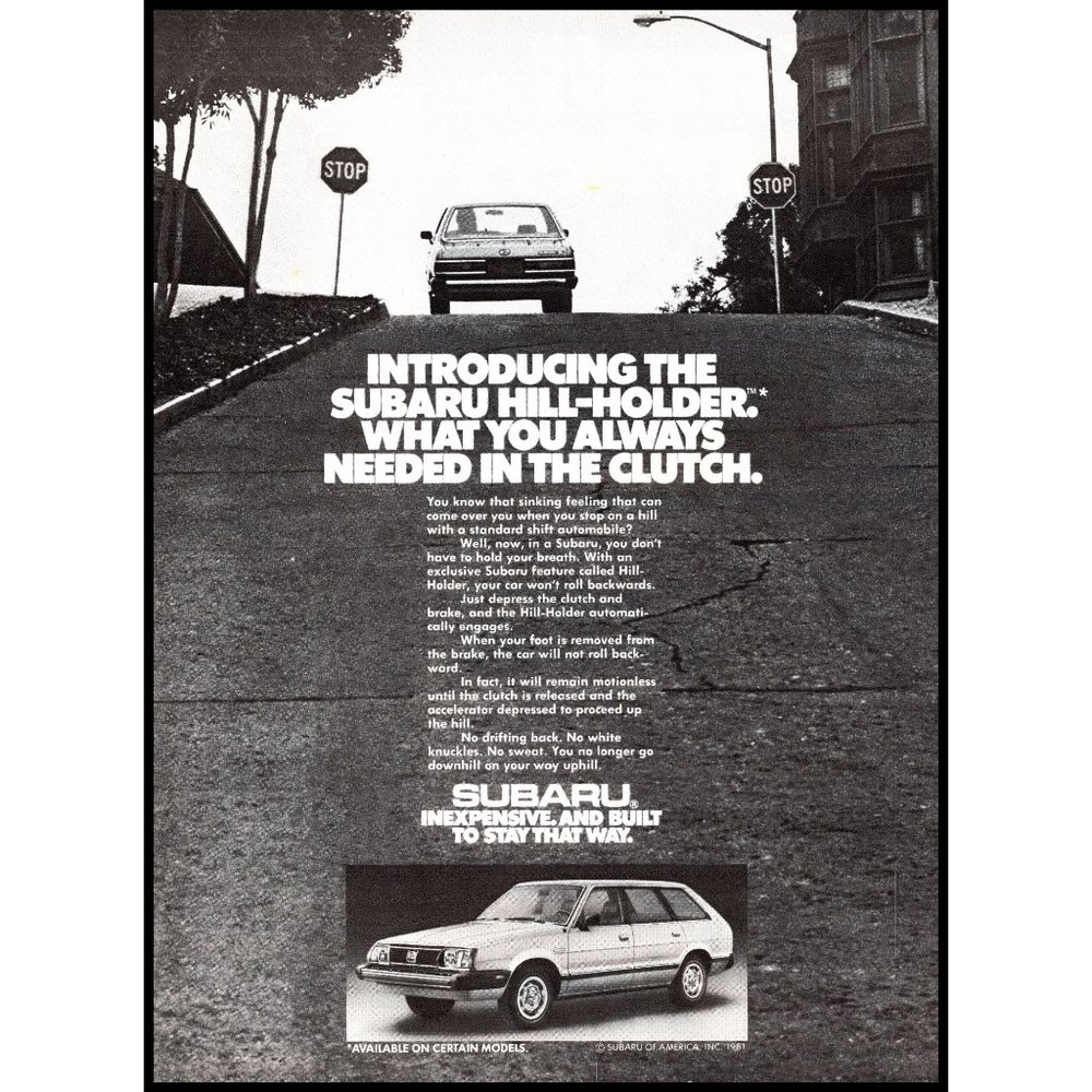 1981 Subaru 4 Door Wagon Vintage Print Ad Hill Holder Clutch Townhouse Wall Art